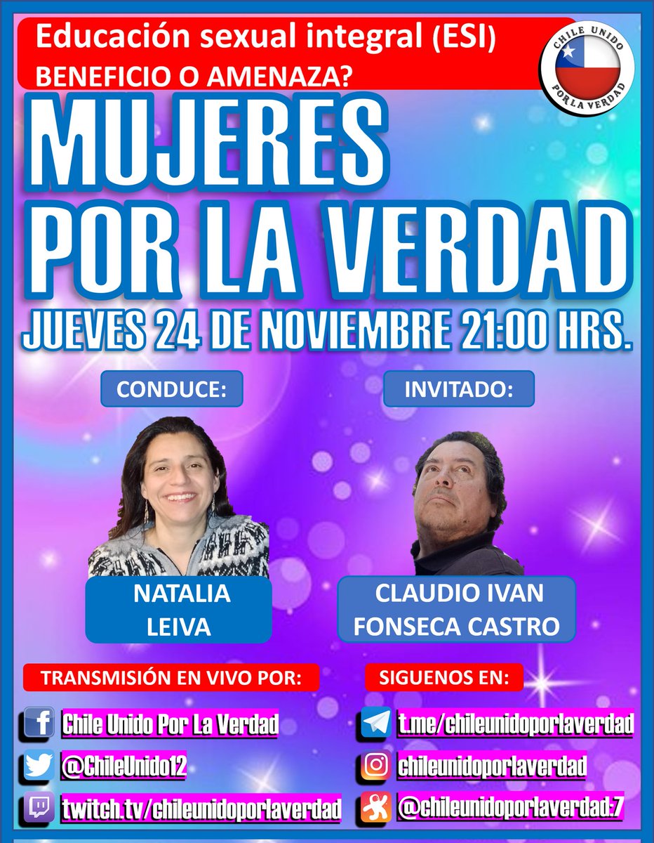 ChileUnido12's tweet photo. Mujeres Por La Verdad con Natalia Leiva 
Hoy Jueves 24 de Noviembre a las 21:00 hrs.
Educación sexual integral (ESI) 
Beneficio o amenaza? 
Invitado: Claudio Ivan Fonseca Castro
EN VIVO POR:  
Facebook  
https://t.co/SZDqBOiSRj 

Súmate comparte difunde https://t.co/ZZuoyZD1N7