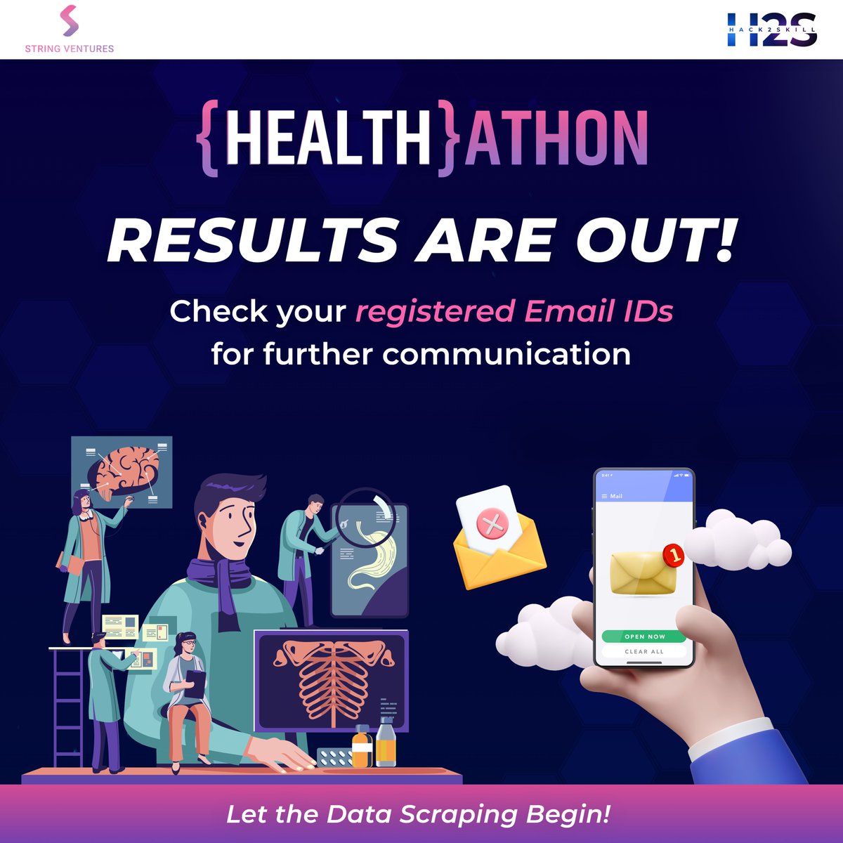 hack2skill's tweet photo. We are super delighted to announce our shortlisted participants for the extraction phase of the #Healthathon-#Datathon by #StringVentures, USA. ✨🥳

Note: Shortlisted participants have been sent a confirmation over their registered email ids. 

Let the #Data Scraping begin! 🤩 https://t.co/5DXcWU4oTk