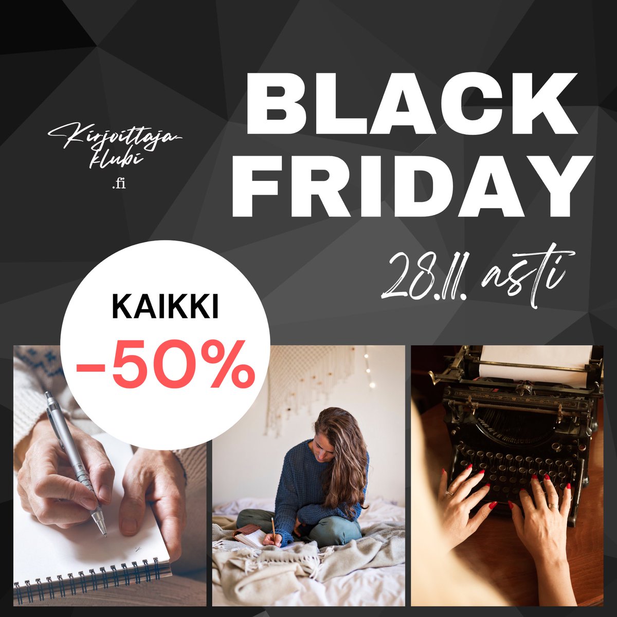 Musta perjantai on musteperjantai! KAIKKI KURSSIT NYT -50% koodilla BLACKFRIDAY22.

KOSKEE MYÖS JÄSENYYTTÄ! 

Näet kaikki -50% Black Friday -tarjoukset yhdellä silmäyksellä tästä:

kirjoittajaklubi.fi/blackfriday 

✒️⚫️