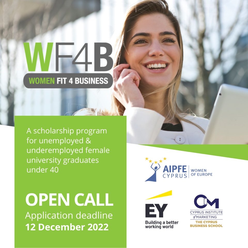 EY_Cyprus's tweet photo. EY Cyprus, @AipfeCyprus and THE CYPRUS INSTITUTE OF MARKETING have joined forces for the 3rd time to locally relaunch the successful European initiative Women Fit for Business (WF4B) Cyprus.

All applications must be received via email to info@aipfe.com by 12 December 2022. https://t.co/phHSLi1pEd