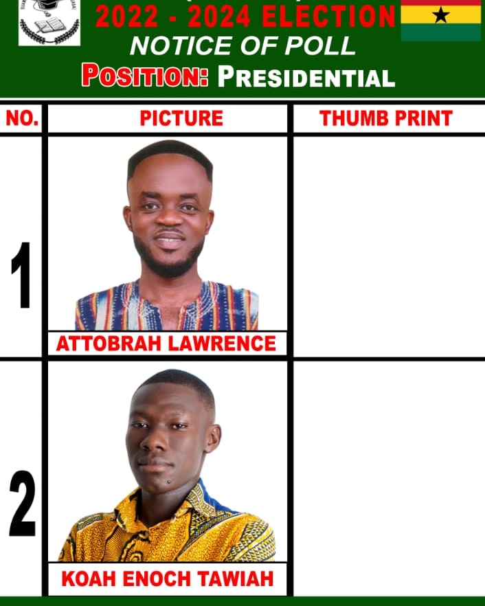 suaman_s's tweet photo. NOTICE OF POLLS

POSITION: PRESIDENT 
1. ATTOBRAH LAWRENCE 
2. KOAH ENOCH TAWIAH https://t.co/XHlLUtzobG