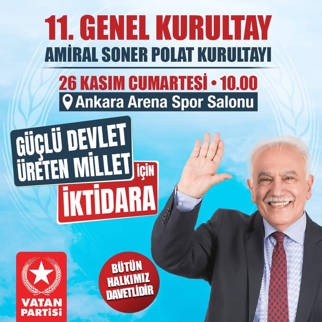 BÜYÜK KURULTAYA 2 GÜN KALDI

Güçlü Devlet Üreten Millet için İktidara!

Amiral Soner Polat Kurultayımıza bütün vatandaşlarımız davetlidir! 

🔴 Bütün ilçelerden otobüsler kaldırılacaktır.

📅 26 Kasım 2022, Cumartesi
⏰ 10.00
📍 Ankara (Arena) Spor Salonu