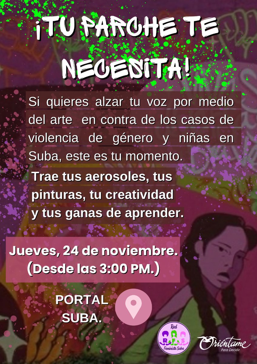redfemsuba's tweet photo. En #Suba nos organizamos y alistamos para el #25n.

Les esperamos #hoy jueves en el #portalsuba para pintar y montar nuestros mensajes. 

Alzamos la voz y lucharemos en las calles.

#feminista #marcha #movilización #Suba #pintar #resistencia #mujeres #disidencias https://t.co/Xlf39EKIGk