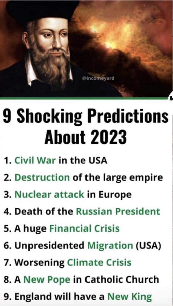 MichaelSuppo's tweet photo. I wonder how many of Nostradamus’s predictions will come true? https://t.co/AbhIBlk6Eh