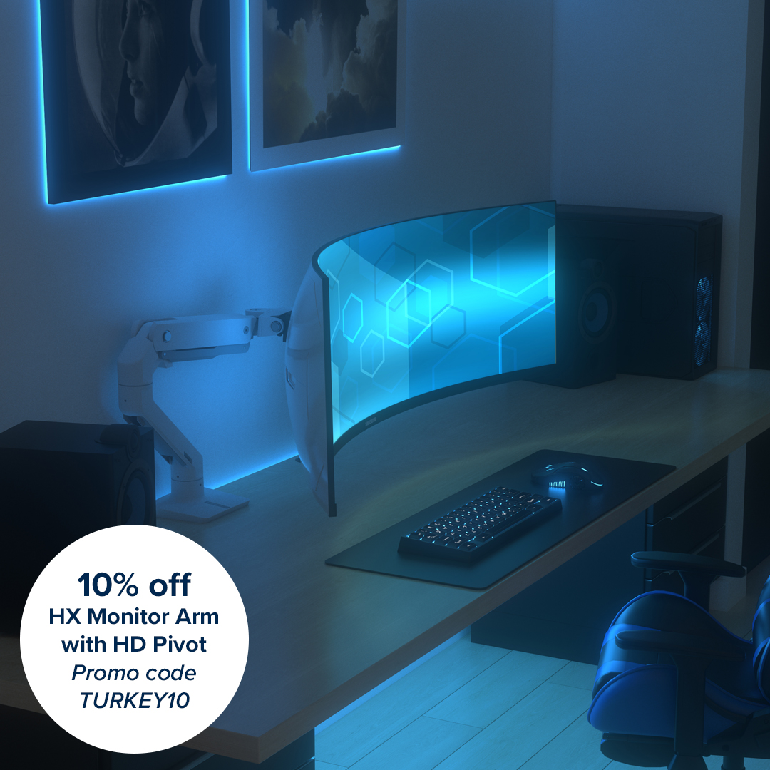 #BlackFriday starts now. 🎁

Our bestselling HX Desk Monitor Arm with HD Pivot is 10% off with code TURKEY10.

This monitor arm is perfect for ultra-wide displays with a deep curve like <a href="/Samsung/">Samsung Electronics</a>'s incredible G9 series of 49" #gaming monitors.

Shop 👉 bit.ly/3B2Pv7F