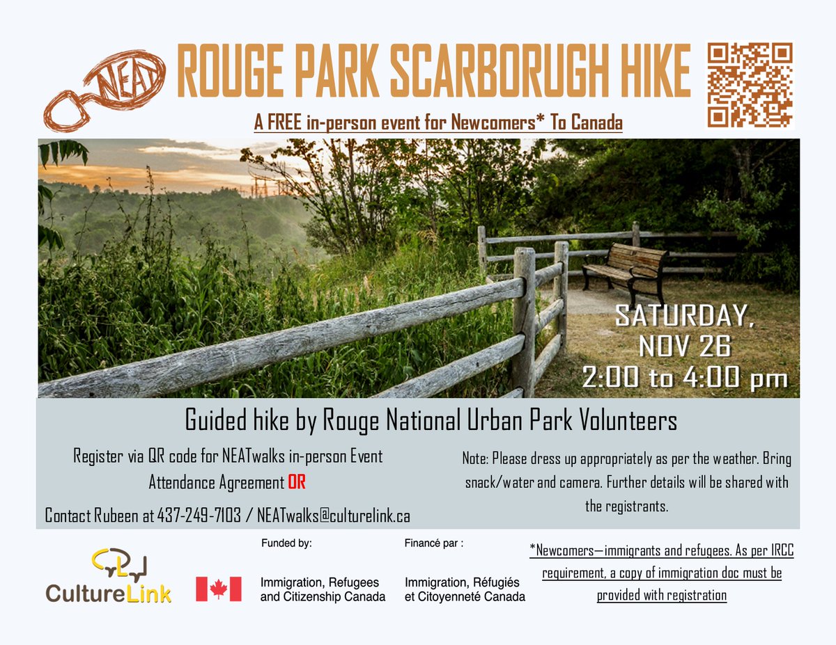 RubeenTO's tweet photo. FREE hike this Saturday with Rouge National Urban Park Leaders for #newcomers to Canada. Contact NEATwalks@culturelink.ca to sign up! https://t.co/agC5eJgYtV