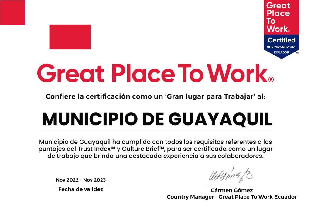 MUNICIPIO DE GUAYAQUIL CERTIFICADO COMO UN GREAT PLACE TO WORK

Recibimos este diploma que nos certifica como una organización que obtiene resultados y cumple con un buen clima laboral. ¡El trabajo continúa por el bienestar de cada colaborador de esta ciudad!