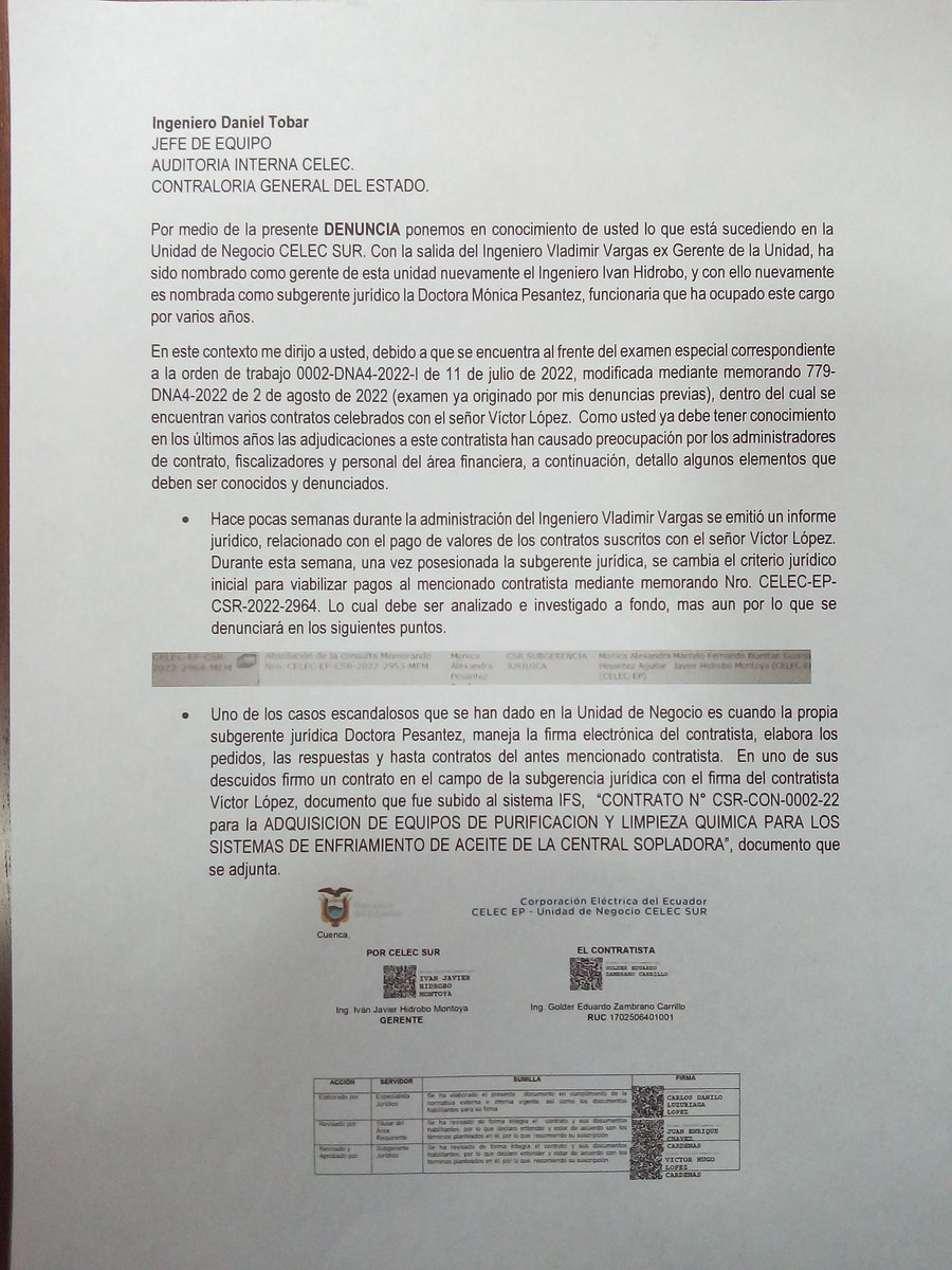 TCelecsur's tweet photo. @CELECEPOficial @HidroboIvan @Sevilladeorogad @CarrionE_VME @RecNaturalesEC @SevillaEnergia @AnderssonBoscan @jotalloretv  URGENTE varias denuncias realizadas y la Dr, Mónica Pesantes sigue campante en Celec Sur, peor aún presiona a los admin. de  contrato por las planilllas https://t.co/eDsjT0xhuh