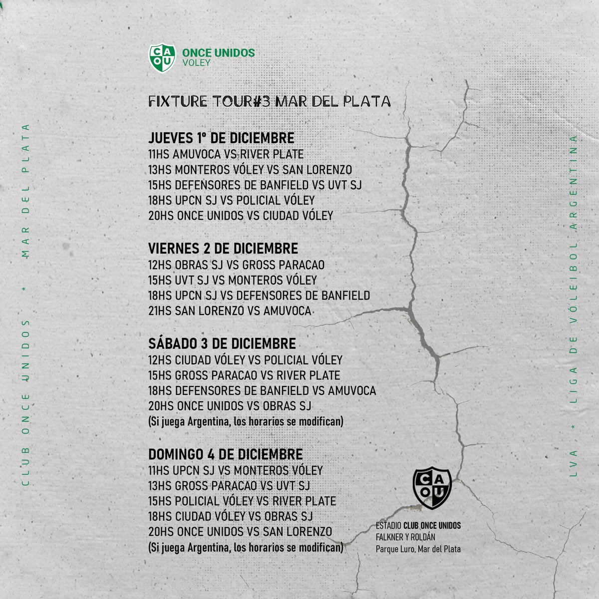 #Tour3MarDelPlata
Se acerca el verano⛱️ y ¡se acerca la Liga!🏐
¡Del 1 al 4 de diciembre somos sede de *18 partidos* de la máxima categoría del voley de clubes del país!
.
🎟Abono anticipado $1500 (18 partidos)
📌Cada jornada en la puerta $750 (partidos del día)