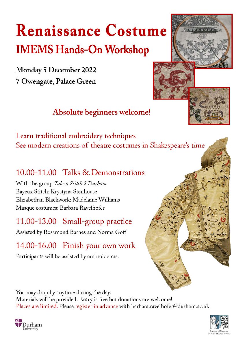 IMEMSDurham's tweet photo. We are running a free, hands-on renaissance costume workshop. Absolute beginners welcome &amp; all materials provided🧵🪡 
Hear from the Take a Stitch 2 Durham and @durham_uni experts, then have a go yourself! 👉https://t.co/NDGLKo50xB https://t.co/kbiZvaykKL