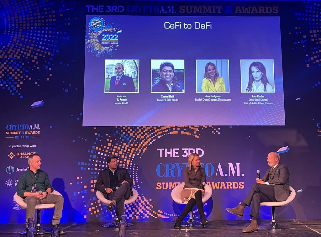 dbendall's tweet photo. Looking forward to tonights @CityAM CryptoAM Awards Gala Dinner. There have been some excellent discussions especially @VJAngelo's talk on #CeFi2DeFi on the main stage.
#CryptoAMSummit #CryptoAMSummitAwards #InspiraWealth https://t.co/yRVPQco0vJ