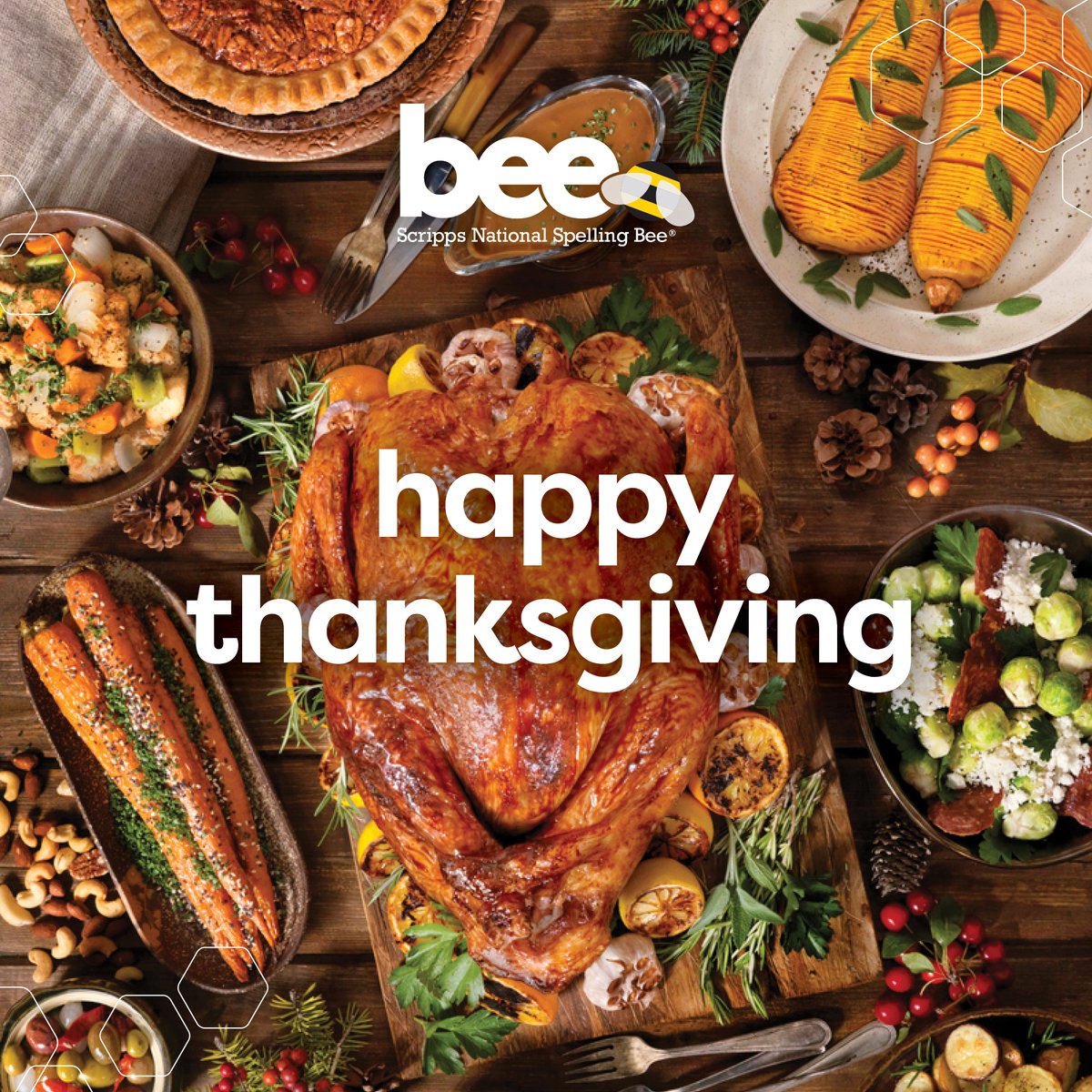 ScrippsBee's tweet photo. At the Bee, we're thankful for passionate spellers and curious students, for supportive families and literacy-loving partners, and for fervent fans and would-be wordsmiths. Happy Thanksgiving to all of you! https://t.co/pI7pX3OeZc