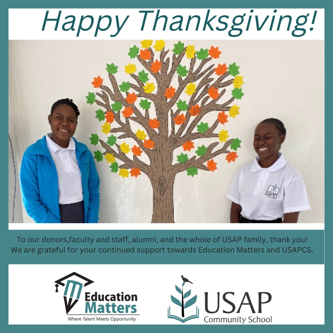 Edmattersafrica's tweet photo. Happy Thanksgiving!!
We want to take this opportunity to extend our heartfelt gratitude to our donors, faculty and staff, alumni and the whole of USAP family. Your dedicated support has helped us grow in our mission.
#usaprocks #educationmatters https://t.co/TneRCfFlSJ