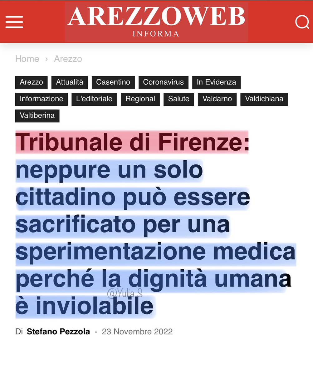SalazarYulia's tweet image. Tribunale di Firenze:
“Neppure un solo cittadino può essere sacrificato per una sperimentazione medica”
[ordinanza n. 2022/7360 del 31/10/ 2022 a firma del giudice dr.ssa Susanna Zanda del Tribunale Ordinario di Firenze, 2' Sez. Civ.]

#COVID #vaccini #Covid_19