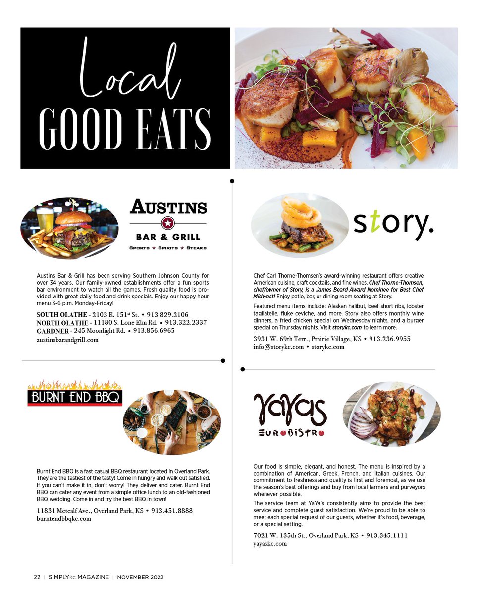 SimplyKCMag's tweet photo. Enjoy the holiday with family and taste the good food from our best local restaurants!
Check page 22 of our November issue.

@austinsbargrill
https://t.co/mdNvvrta3P 

@StoryKC 
https://t.co/ZkLd6Sur26

@BURNTENDBBQ  https://t.co/5judEF8szY

@yayaskc https://t.co/48P8soBjnR https://t.co/sV87P4Xy8a