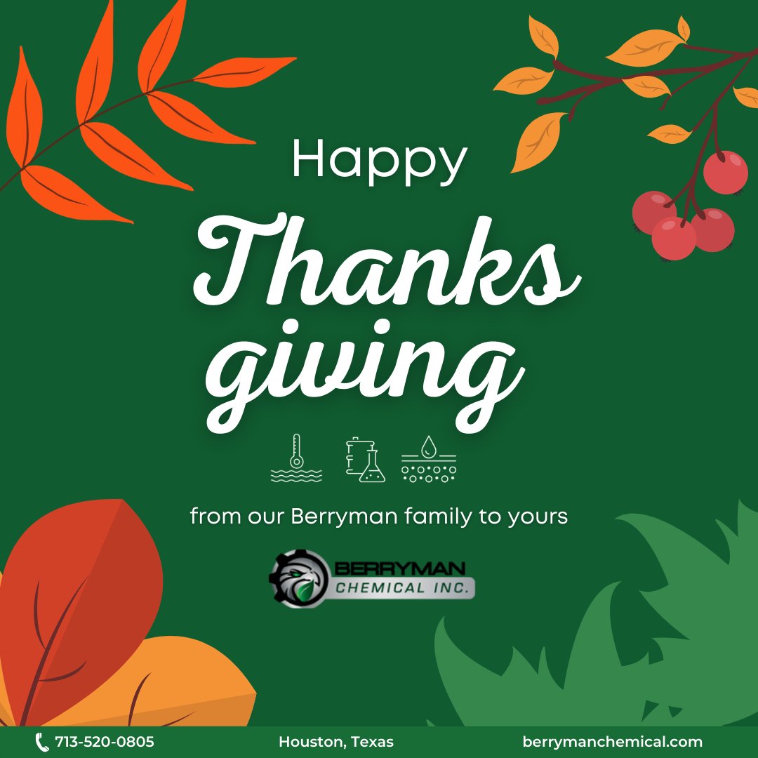 BerrymanChem's tweet photo. We are grateful for our employees, clients, amazing partners &amp; colleagues. We would like to wish you all a safe and happy #Thanksgiving! Thanks for being a part of the #BerrymanDifference! https://t.co/8Ayb045GVW

#chemicalindustry #oilandgas #chemicals #trucking  #houstontx https://t.co/CL1WAxp9Bv