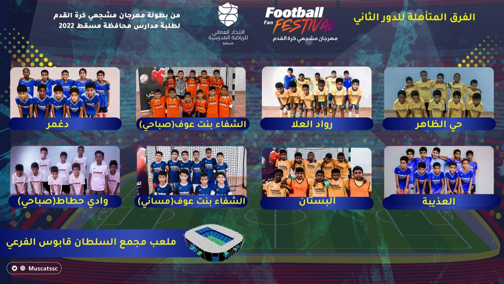 المدارس المتأهلة للدور الثاني من بطولة مهرجان مشجعي كرة القدم لمدارس محافظة مسقط الحكومية والخاصة.
<a href="/OmanSSA/">الاتحاد العُماني للرياضة المدرسية</a>
@mct_edu
#فعاليات_تعليميه_مسقط