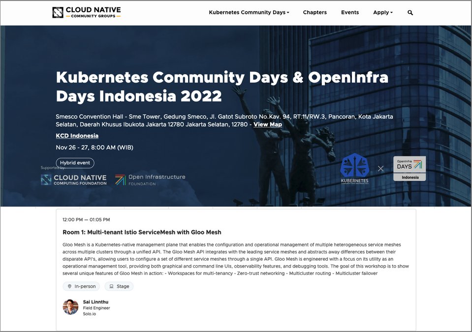 We, solo.io will be participating in k8s Community &amp; OpenInfra Days Indonesia 2022 on Nov 26 - 27, 2022.

I'll be speaking at KCD Indonesia 2022 to talk about
Multi-tenant Istio Service Mesh with Gloo Mesh.

lnkd.in/gXc2__m7

#istio #kubernetes #servicemesh