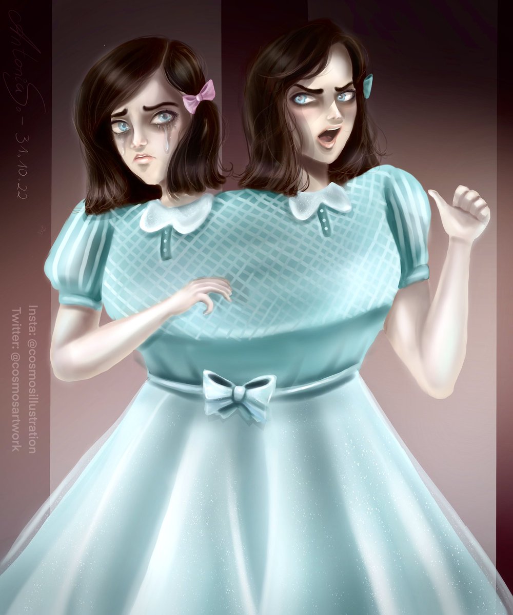 Mia was angry, and Clara was sad, and this was because they both were mad.  💎🎀
Amazing Fran Bow fanart of the twins by @CosmosArtwork❤️

#killmondaygames #franbow  #claraandmia #buhalmettwins  #fanart #franbowfanart