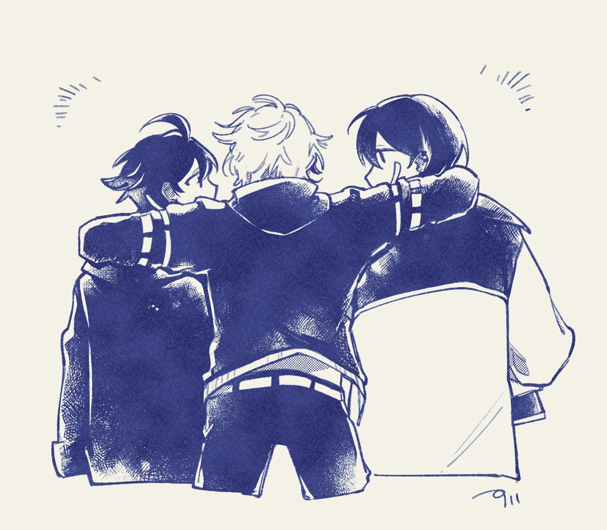 multiple boys male focus jacket monochrome 3boys from behind closed eyes  illustration images