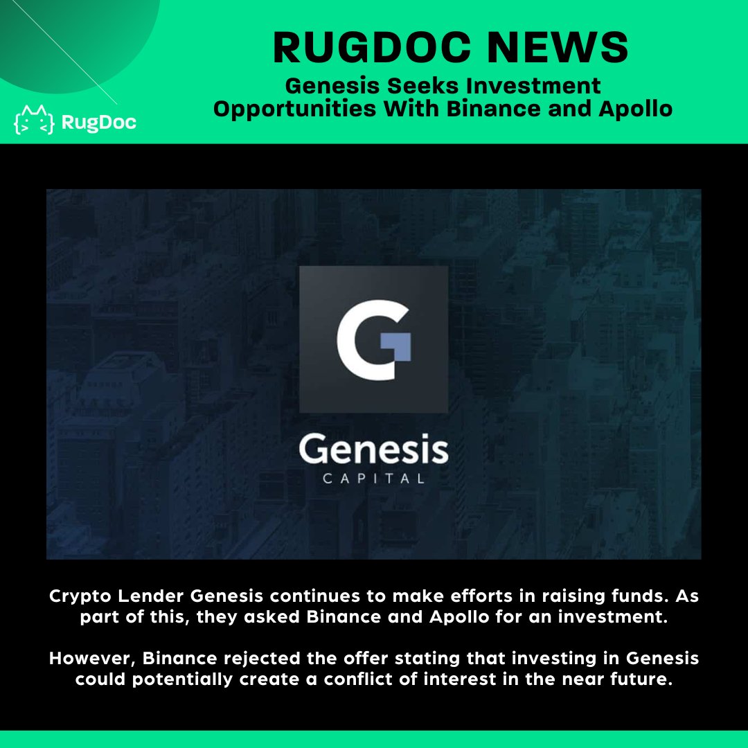 RugDocIO's tweet photo. Genesis Seeks Investment Opportunities With Binance and Apollo 

However, Binance rejected the offer stating that investing in Genesis could potentially create a conflict of interest in the near future.

Comment your thoughts!

#rugdoc #defi #genesis #binance #apollo #news https://t.co/NKPuCoodYg