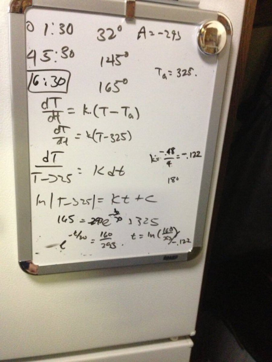 Reminder: If you check your Turkey’s temp at two points while it bakes, then Newton’s Law of Cooling can tell you what time your turkey will reach 165°.

Here’s a pic from 2013 when my math grad school friends and I did the calculation. It predicted 6:30 and was almost perfect.