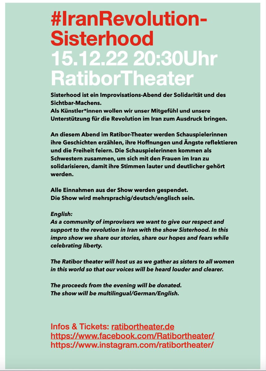 15.12.2022 #solidarität #iranRevolution 
#veranstaltung #theater #improvisation #kultur #freedom #kurdistan #iran #women #MahsaAmini #FreeIran #IranProtests2022  #JinJiyanAzadi
#FrauenLebenFreiheit #IranRevolution2022 #JinaAmini #MahsaJinaAmini #womenlifefreedom #iranprotests