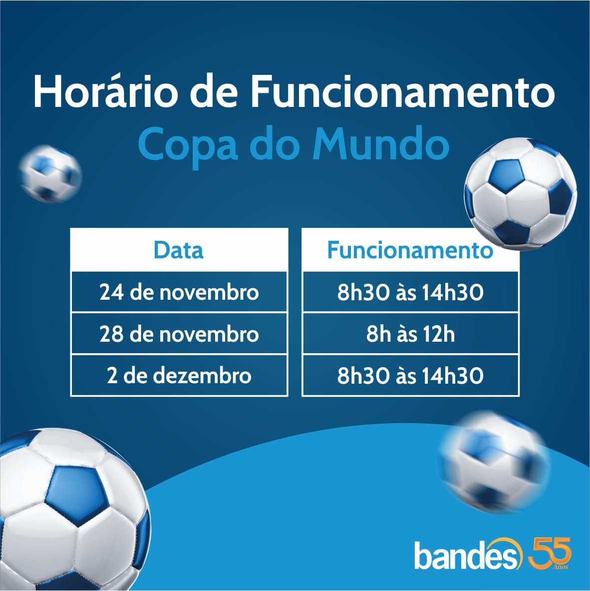 bandes_ES's tweet photo. Se liga no horário de funcionamento do Bandes em dias de jogos do Brasil. ⏰⚽💙 https://t.co/yBEPYRljm3
