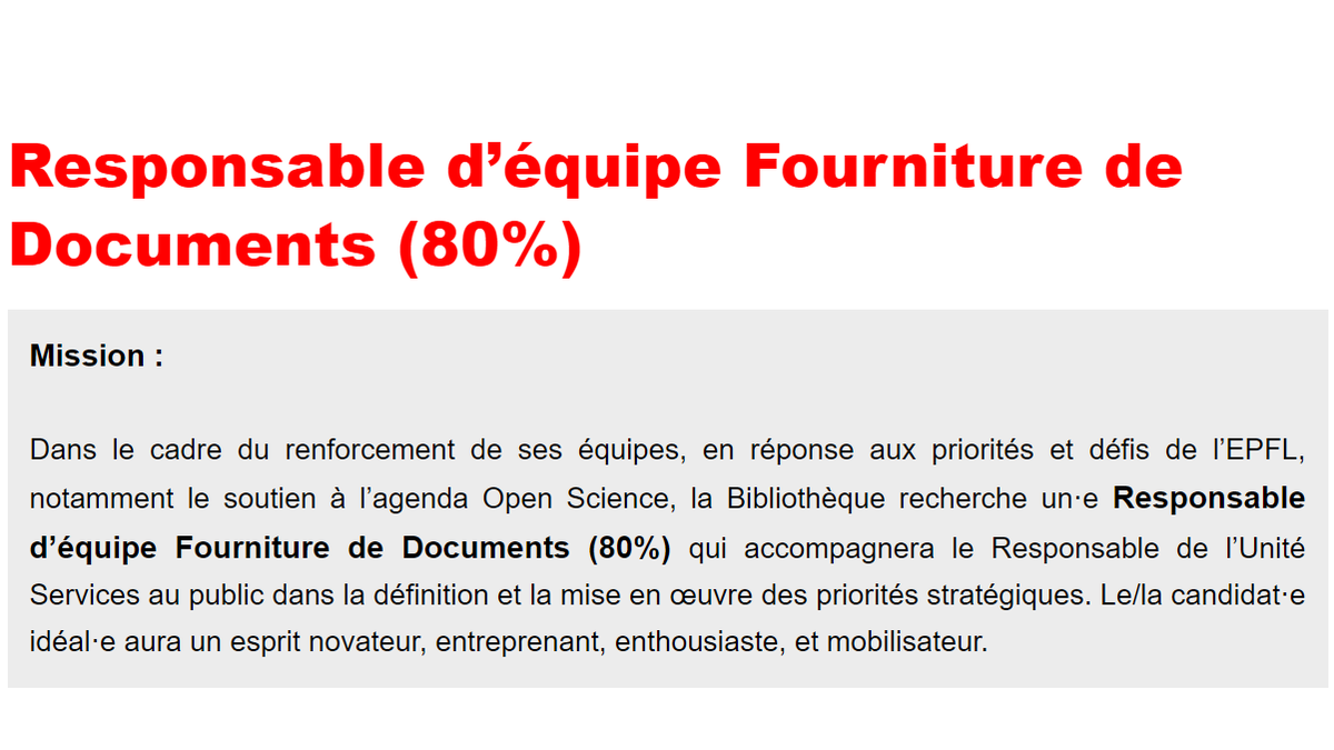 EPFLlibrary's tweet photo. [ Offre d'emploi ]

La Bibliothèque de l'@EPFL recrute un·e :
Responsable d’équipe Fourniture de Documents 
CDI | 80%

https://t.co/Aq3E4C20VW https://t.co/ogdX1Kettn