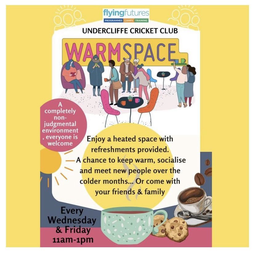 FlyingFutures's tweet photo. Tomorrow 11am - 1pm at Undercliffe Cricket Club, join us at Warmspace. 

Socialise, meet new people, enjoy refreshments and keep warm through the colder months. 

#warmspace #undercliffe #flyingfutures #bradford #undercliffecricketclub https://t.co/lIg63x8Gu2