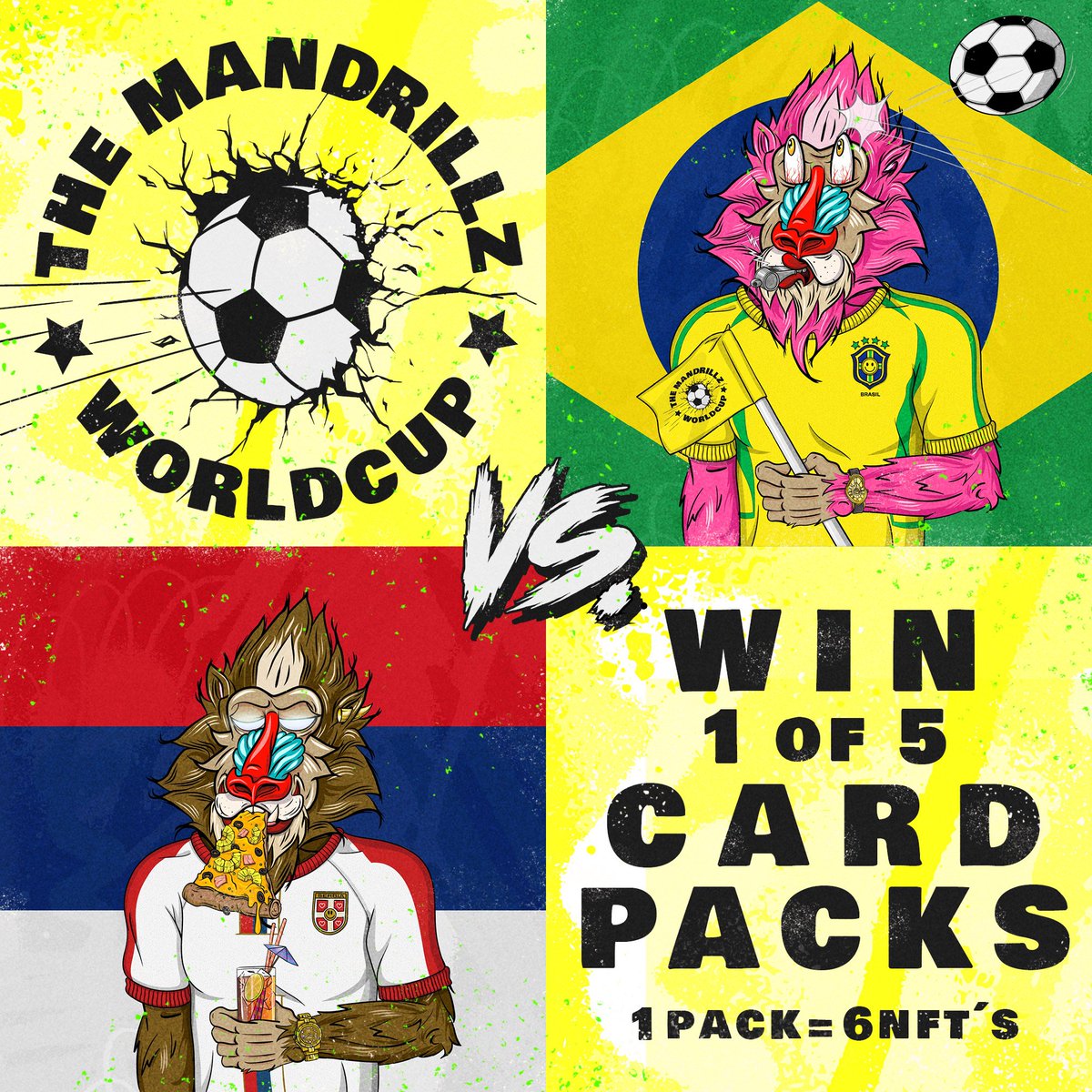 TheMandrillz's tweet photo. Match of the Day Raffle 4 ⚽

Win 1 out of 5 free world cup packs (6 NFTs each) every day 🙌

How to enter? 

1)  Comment score after 90 minutes for Brasil 🇧🇷 vs Serbia 🇷🇸
2) Retweet &amp; Like https://t.co/cohxdtgHkS