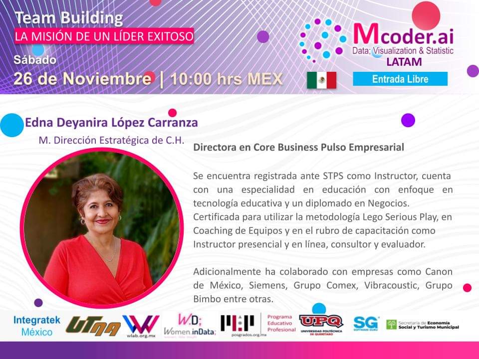 No puedes perderte el siguiente Meetup del colectivo de mujeres en ciencia de datos Mcoder.ai 

Dale ASISTIRÉ al evento y mantente informada, la transmisión será en linea a través de Facebook LIVE:  fb.me/e/23pm9Nj7E 

#McoderAI
#WLAB #STEM 
#CienciaDeDatos