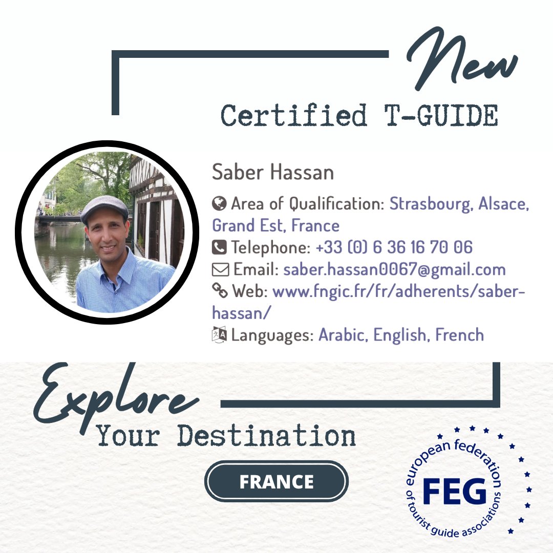FEGTouristGuide's tweet image. Saber Hassan is our first to be certified as a T-GUIDE for France!
After attending his FEG &amp;amp; ENAT course, Hassan was successful in his last stage assessment.
We wish him all the best, as he&apos;s now #ReadyToGuide people with learning difficulties in his area.
feg-touristguides.com/t-guidecertifi…