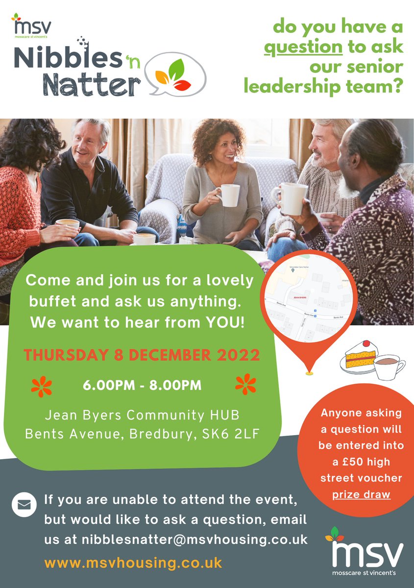 RuthMSV (@msv_ruth) on Twitter photo Our next Nibbles n Natter event for customers takes place at Jean Byers, Bredbury on 8 December at 6pm. Join us for a chat with our Senior Leadership Team about things that matter to you. See msvhousing.co.uk/news-and-views… for more info
#AskMeAnything <a href="/MSVHousing/">MSVHousing</a> Our next Nibbles n Natter event for customers takes place at Jean Byers, Bredbury on 8 December at 6pm. Join us for a chat with our Senior Leadership Team about things that matter to you. See msvhousing.co.uk/news-and-views… for more info
#AskMeAnything <a href="/MSVHousing/">MSVHousing</a>