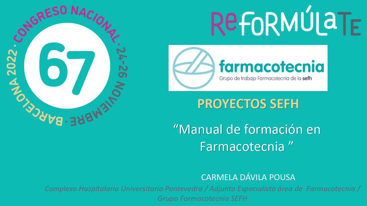 Esta tarde estamos con <a href="/CarmelaDavila/">Carmela Davila</a> presentando la actualización del manual de #Farmacotecnia una  auténtica 🗺 guía de viaje para el 👨‍🔬 farmacéutico formulista. No te lo pierdas!!! 📆 hoy a las 17:15 en proyectos <a href="/sefh_/">S.E.F.H</a> de #sefh22