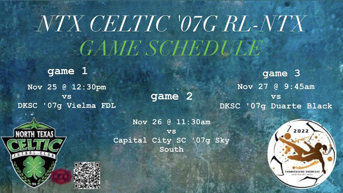EmilyDiehl27's tweet photo. 1 more day until DSKC Thanksgiving Showcase. Here is the game schedule games 1 and 2 are on field 1. Game 3 is in field 3. #playforeachother @coachbones23 https://t.co/oDOI9Wur5M