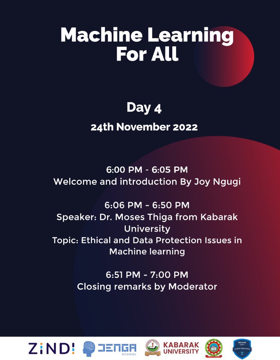 JENGASchool's tweet photo. Today, we shall be having Dr. Moses Thiga from Kabarak University discussing ‘Ethical and Data Processing Issues in Machine Learning’
Join us today through this link : https://t.co/qRD9zFbRD2

#JENGASchoolHackathon #ArtificialIntelligence #MachineLearning https://t.co/4SMrtU2ACr