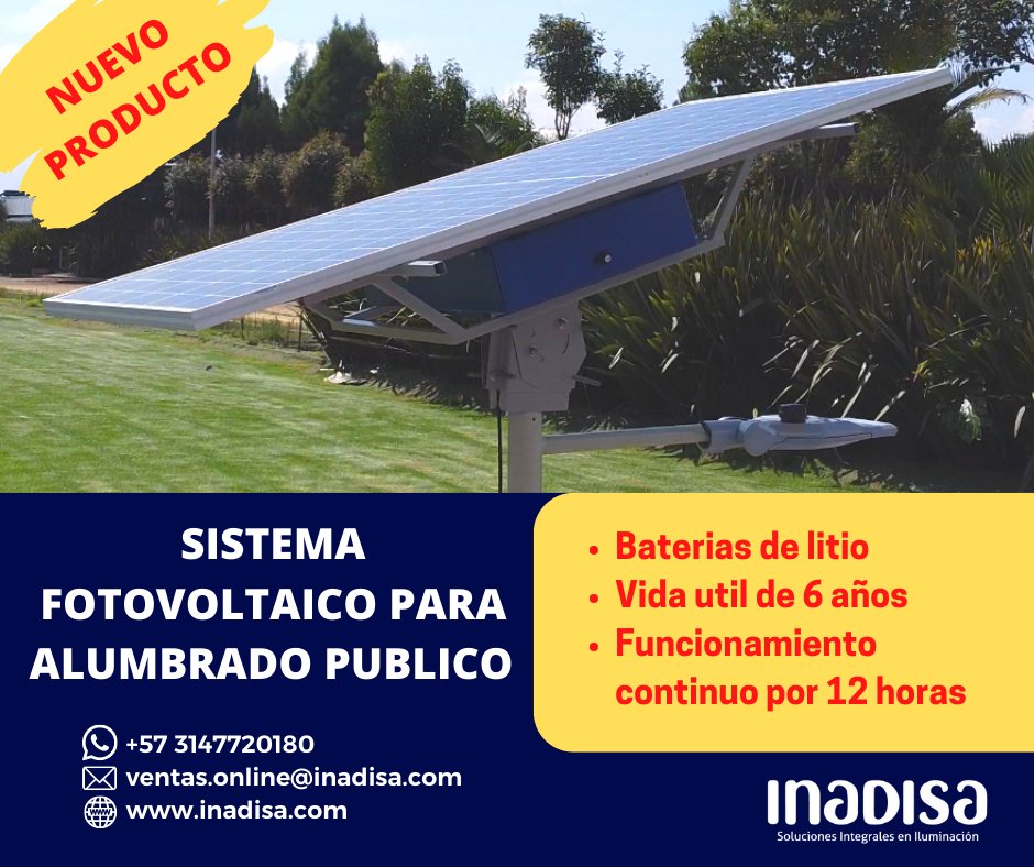 INADISA's tweet photo. !GRAN LANZAMIENTO!, sistema fotovoltaico para iluminación pública con tecnología de Litio, ofrecemos 12 horas continuas de funcionamiento, para una potencia de hasta 100W, contactanos para mayor información.

📞 3223797112
📧 ventas.online@inadisa.com https://t.co/Gl9h7KEGrW