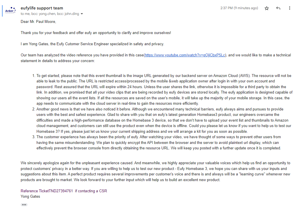 Paul_Reviews's tweet photo. Update: An official response from @EufyOfficial 

Paraphrasing...
"You're right, we do send to the cloud but it's password protected, so not publicly visible... but we intend to encrypt API messages so nobody else finds out"

Completely &amp; utterly missed the point. https://t.co/Mr08D2t60c