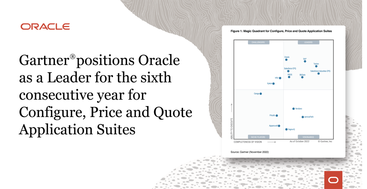 Sellers, are you still using legacy quoting platforms, such as Excel and Word? We feel it’s time for an upgrade. Oracle was named a Leader in the 2022 <a href="/Gartner_Inc/">Gartner</a> Magic Quadrant™ for Configure, Price, and Quote Application Suites: social.ora.cl/6019MfuaV
#CPQ