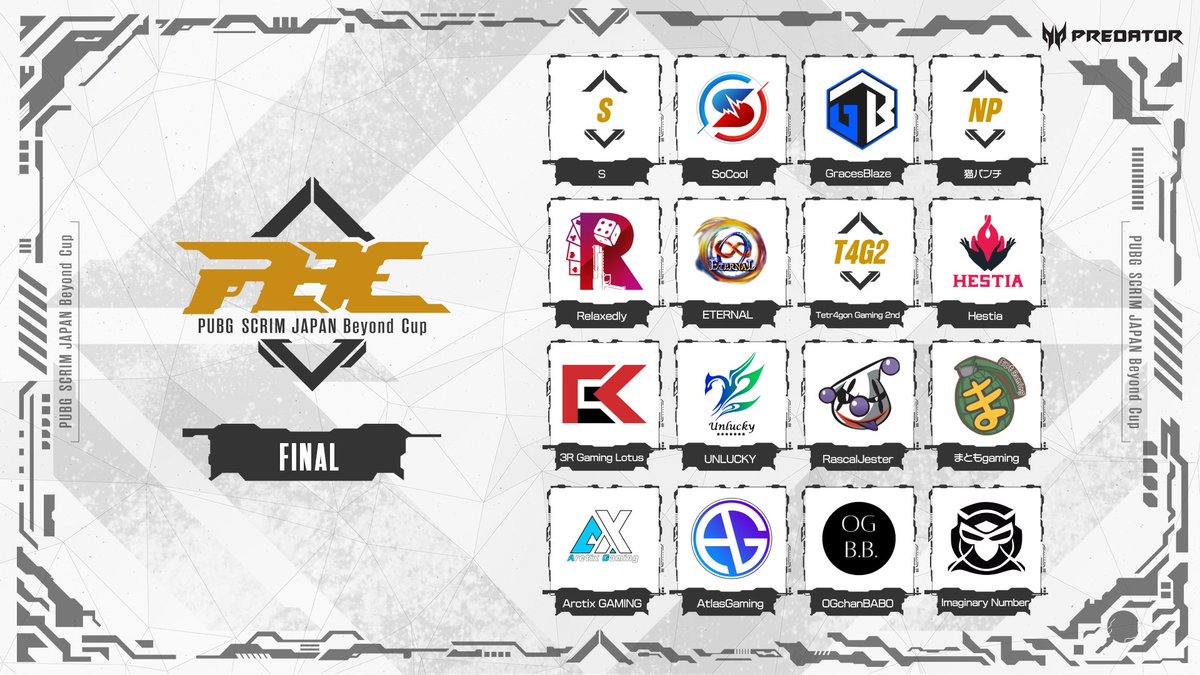 PUBGSCRIMJAPAN's tweet photo. #PBC #4 Day2 決勝 

📅11/25 20:20~(配信開始時間、10分ディレイ)

🎙Dido (@Dido_dynam1c)

決勝進出チームが出揃いました！
明日の短期決戦を勝ち抜くのはどのチームか🔥お楽しみに！

📡
https://t.co/VroL7gwken
https://t.co/vPkTZQELvd https://t.co/jDwMYXC7rr