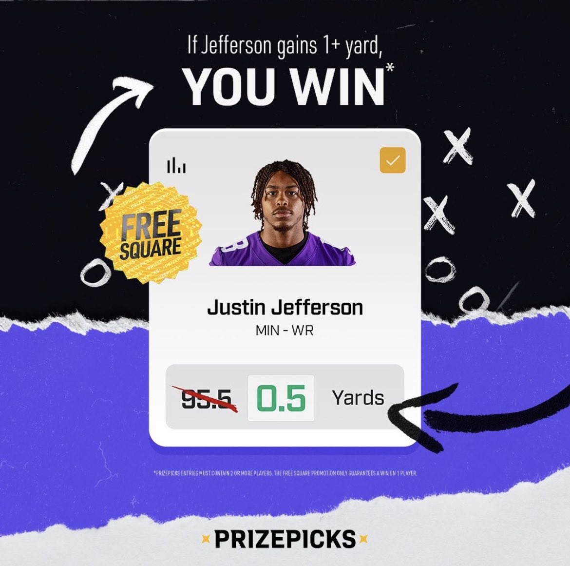 AlexCaruso's tweet photo. Giveaway Alert🚨

Giving away 3 free entries to win $150 on @PrizePicks
All you have to do is:

1. Reply with a screenshot of an open entry using the Justin Jefferson O.5 rec yard free square

2. RT this post

3. Sign up with code "CARUSO" if you do not have PrizePicks already https://t.co/DHdVsa0RGc