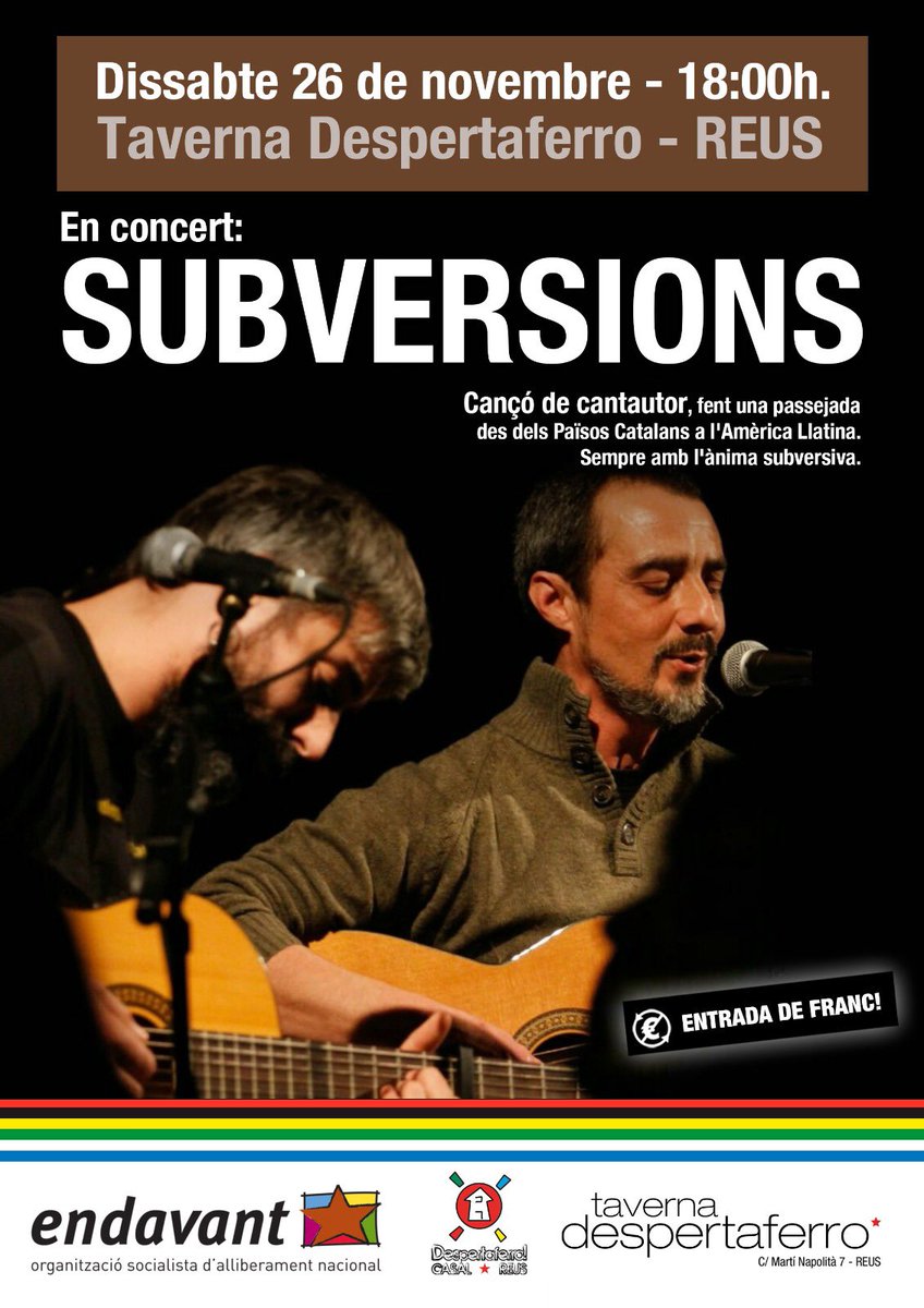 Endavant_BCamp's tweet image. 👥En acabat, ens trobarem a la taverna del @CasalDPF amb el duet de versions SUBVERSIONS, una passejada geogràfica per la cançó d&apos;autor. Dels Països catalans a l&apos;Amèrica llatina. 

👉Durant el dia hi ha una jornada d&apos;història, memòria i reivindicació