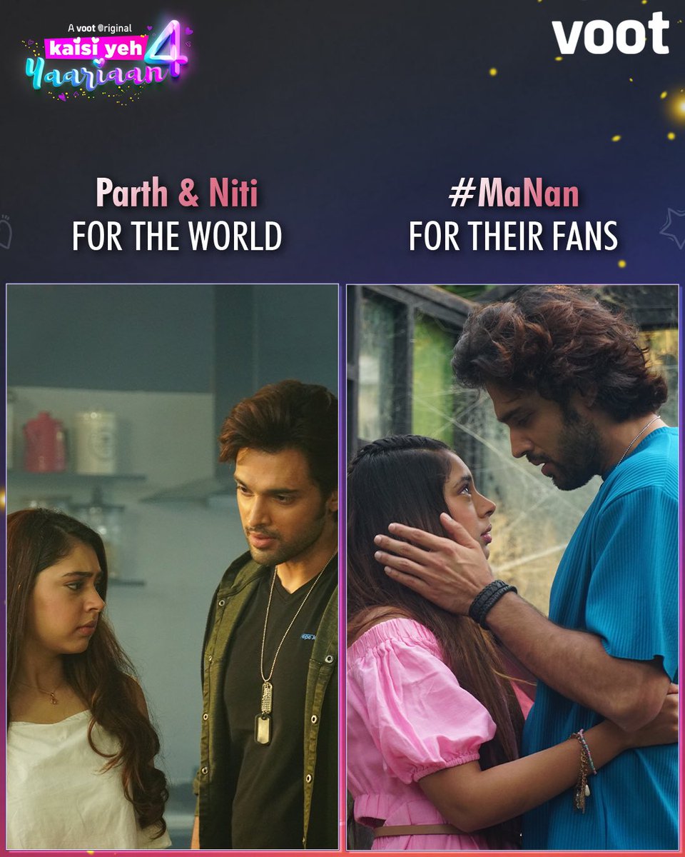 justvoot's tweet photo. Well, the love for #MaNan…just legendary 🫶
Drop a '✨' if you'll ship them Hamesha Forever!

Kaisi Yeh Yaariaan Season 4, launching 2nd December, only on Voot.

#KaisiYehYaariaan #KYYSeason4 #KYYS4 #NitiTaylor #ParthSamthaan #MaNan #HameshForeverYaNever #Voot https://t.co/SsIjBtdfBh