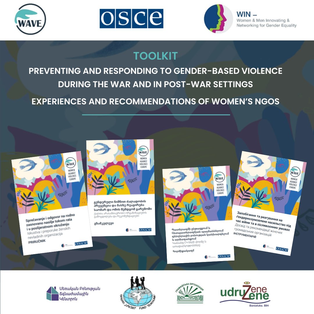 WAVE_europe's tweet photo. The @OSCE / WAVE joint toolkit "preventing and responding to GBV during the war and in post-war settings" is now available in all project languages; English, Armenian, Bosnian, Georgian and Ukrainian: https://t.co/w65TnviuaX
#endVAWG #WINProject https://t.co/5u3M3rvQyj