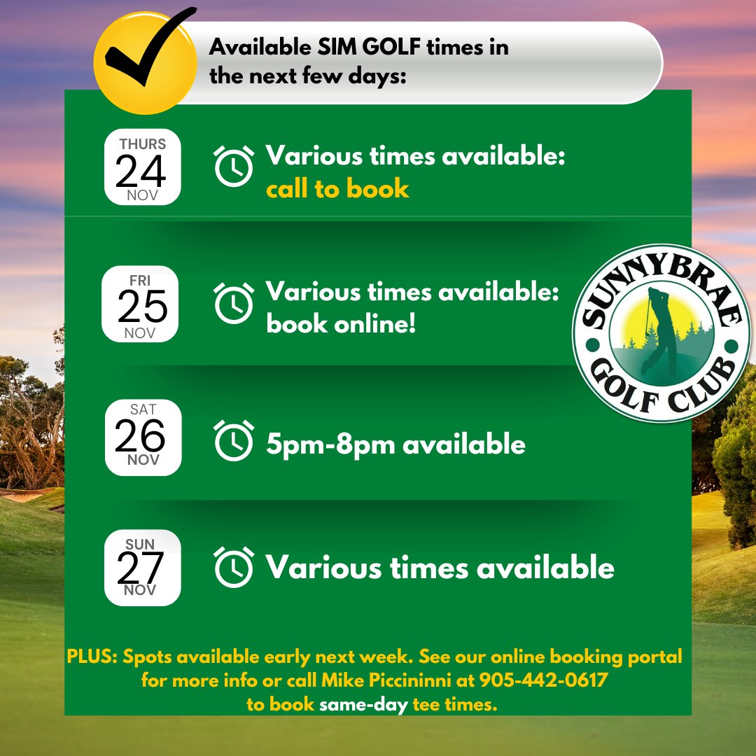 Come golf inside! We have some 1-hour (or more!) slots in the next few days. See the availability here &amp; book your spot: ⛳ sunnybraegolfclub.com/book-a-golf-si…

Questions? Just give us a call in the ProShop. 905.985.2234 or call Mike Piccininni at 905-442-0617 to book a same-day tee time.