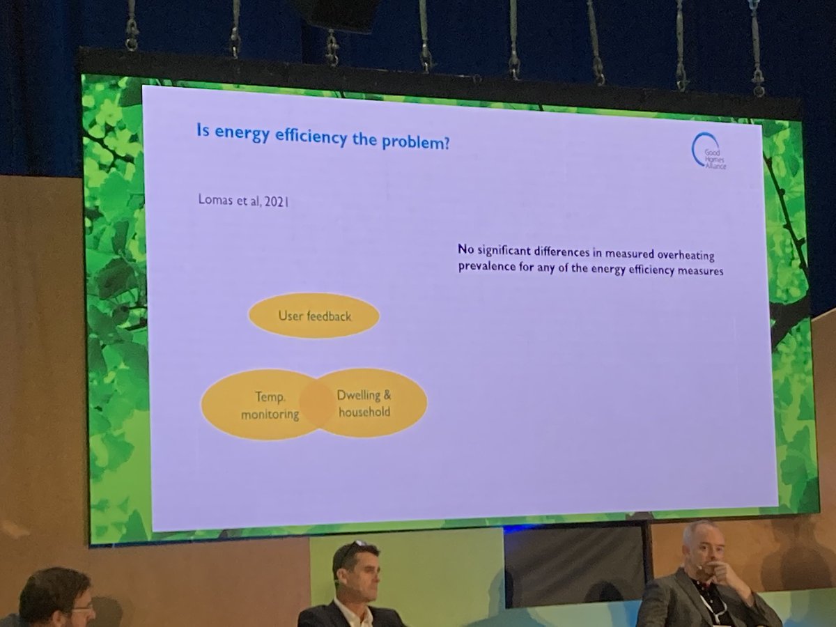 Now at #HOMESUK <a href="/HomesEvent/">Housing Week, London</a> <a href="/unlocknetzero/">Unlock Net Zero</a> and I’m listening to <a href="/JulieG_Sust/">Julie Godefroy</a> take us through new guidance from <a href="/Good_Homes/">Good Homes Alliance</a> Alliance on overheating in retrofit of homes.  Good news from study by Lomas et al(2021) shows that improved energy efficiency does not cause #overheating.