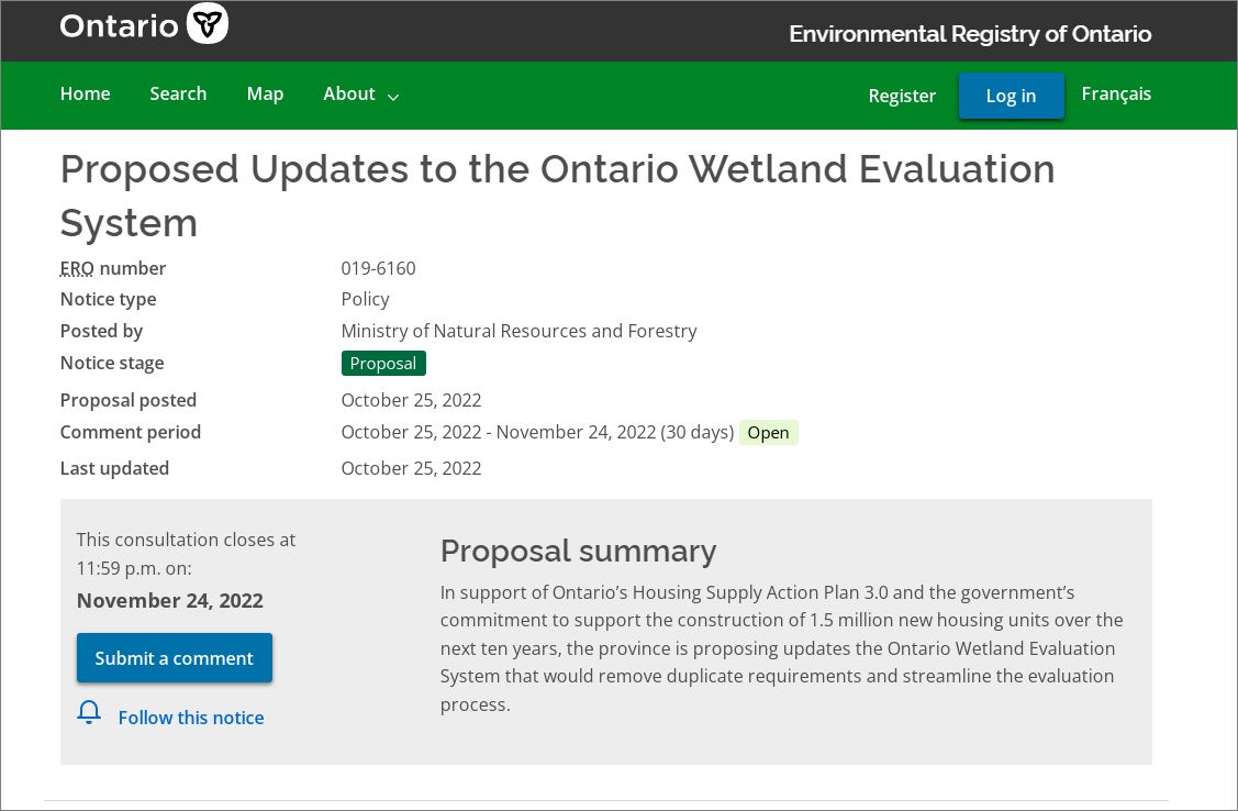 Your comments due today. Proposed changes will severely reduce #wetland protections, limit the evaluation process, and remove 1) #Species At Risk from consideration, 2) OMNR oversight, & 3) recognition for wetland complexes #SaveOntarioWetlands #Bill23 #GuttingOntarioEnvironment