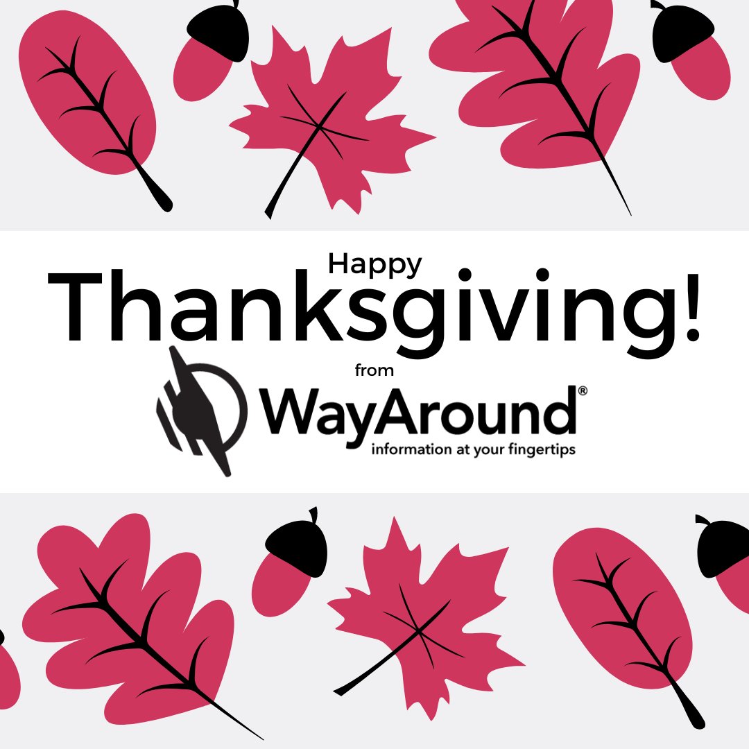 WayAroundTools's tweet photo. Happy Thanksgiving from WayAround! 

[Image Description: White background with pink and black cartoon leaves and acorns. In the middle of the graphic it reads "Happy Thanksgiving! from WayAround".]

#WayAround #Accessibility #HappyThanksgiving https://t.co/rchvb4Q4fn