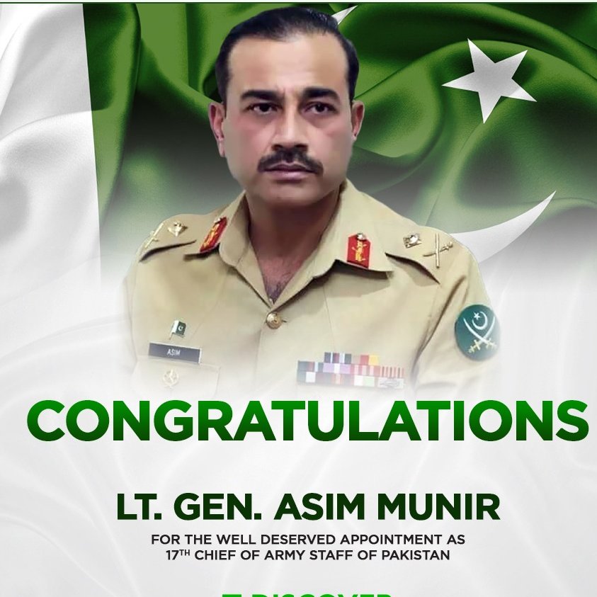 Ahsanra_110's tweet photo. Congratulations Lt Gen Asim Munir For The Well Deserved Appointment As 17th Chief Of Army Staff of Pakistan. https://t.co/hsMEcEhZGE